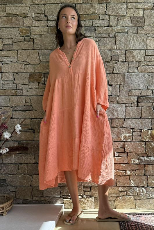 Dusk Bubble Cotton Tiered Dress Apricot Sun