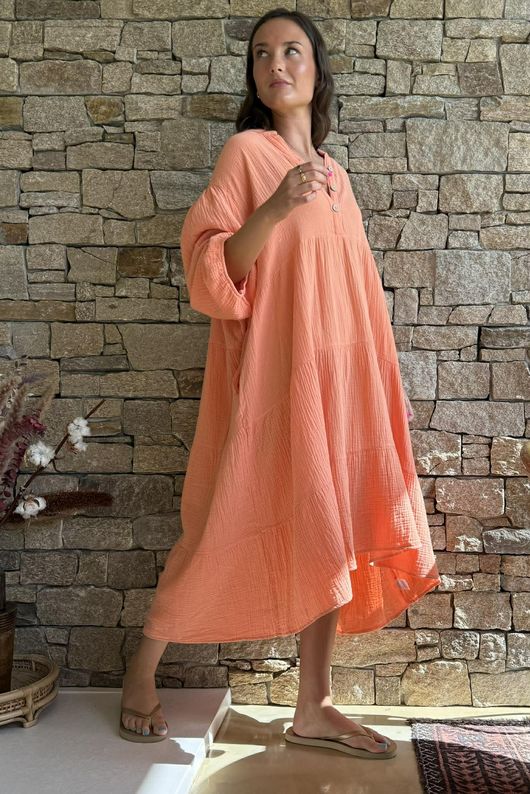 Dusk Bubble Cotton Tiered Dress Apricot Sun