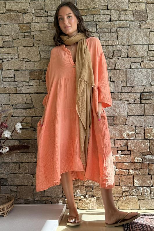 Dusk Bubble Cotton Tiered Dress Apricot Sun