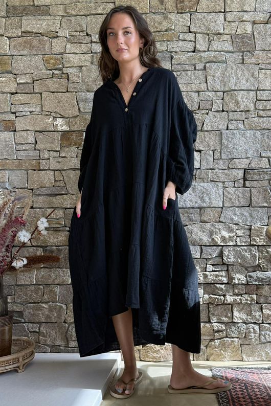 Dusk Bubble Cotton Tiered Dress Black
