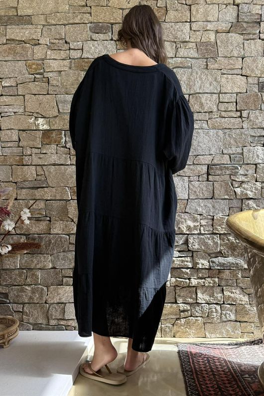 Dusk Bubble Cotton Tiered Dress Black