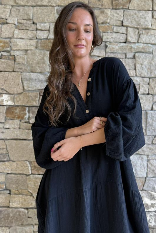 Dusk Bubble Cotton Tiered Dress Black