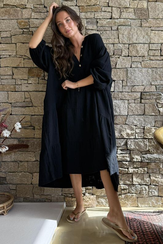 Dusk Bubble Cotton Tiered Dress Black