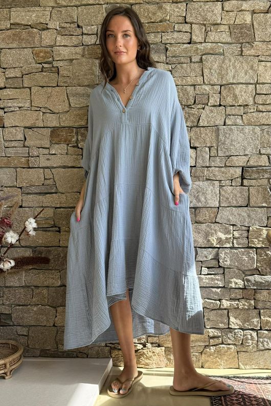 Dusk Bubble Cotton Tiered Dress Bridgerton Blue