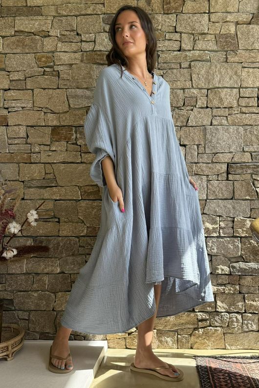 Dusk Bubble Cotton Tiered Dress Bridgerton Blue