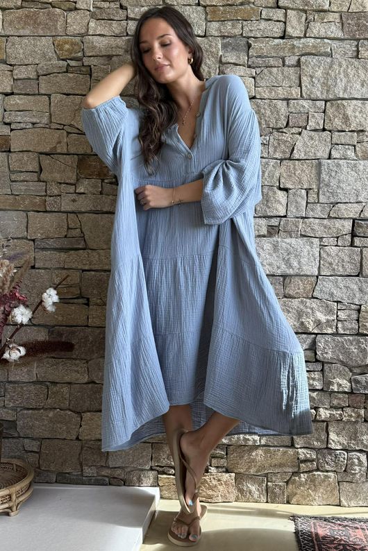 Dusk Bubble Cotton Tiered Dress Bridgerton Blue