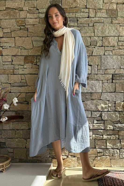 Dusk Bubble Cotton Tiered Dress Bridgerton Blue