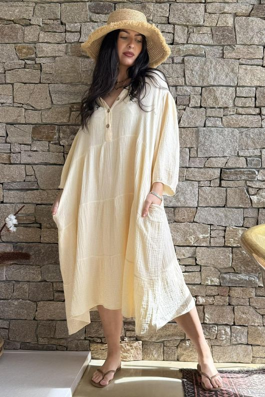 Dusk Bubble Cotton Tiered Dress Buttercream