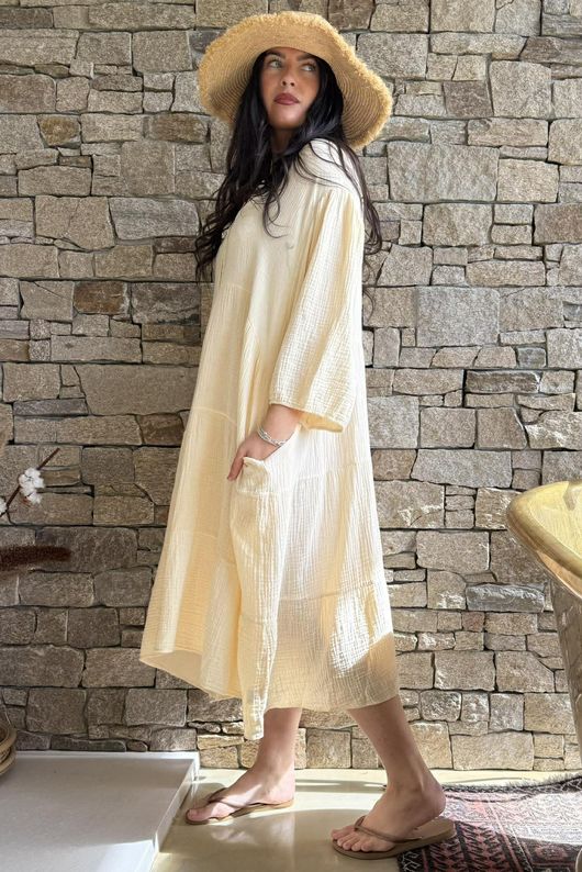 Dusk Bubble Cotton Tiered Dress Buttercream