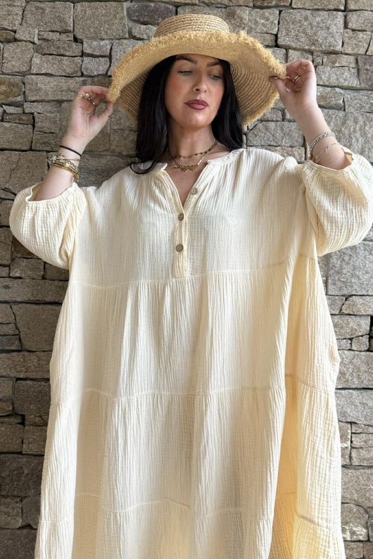 Dusk Bubble Cotton Tiered Dress Buttercream