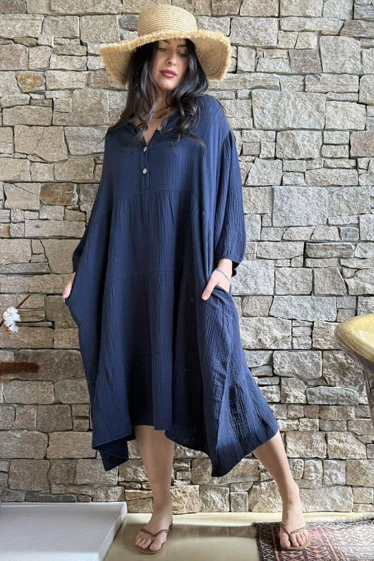 Dusk Bubble Cotton Tiered Dress Navy
