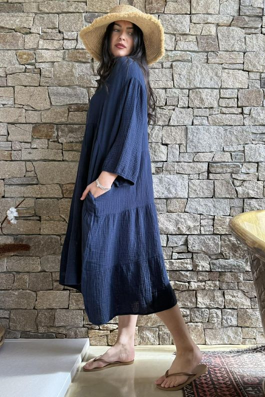 Dusk Bubble Cotton Tiered Dress Navy