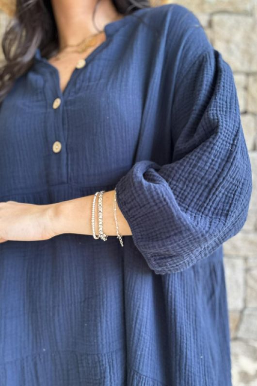 Dusk Bubble Cotton Tiered Dress Navy