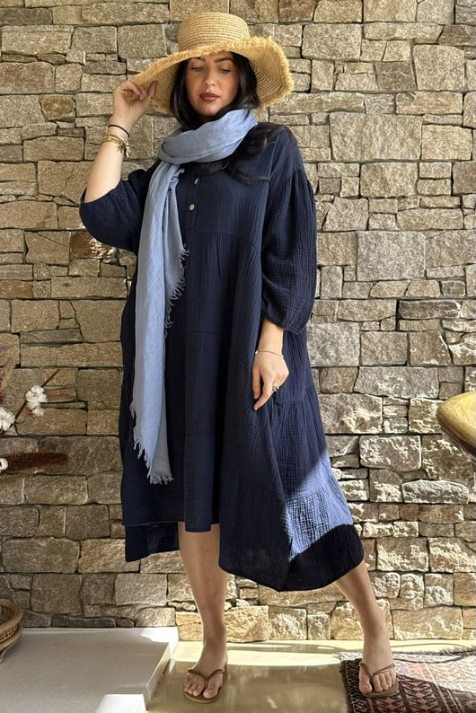 Dusk Bubble Cotton Tiered Dress Navy