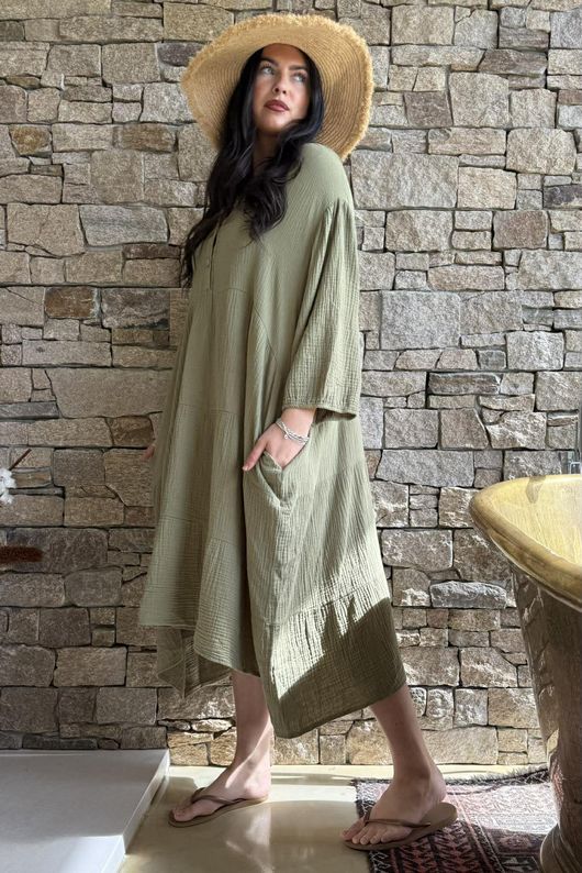 Dusk Bubble Cotton Tiered Dress Olive