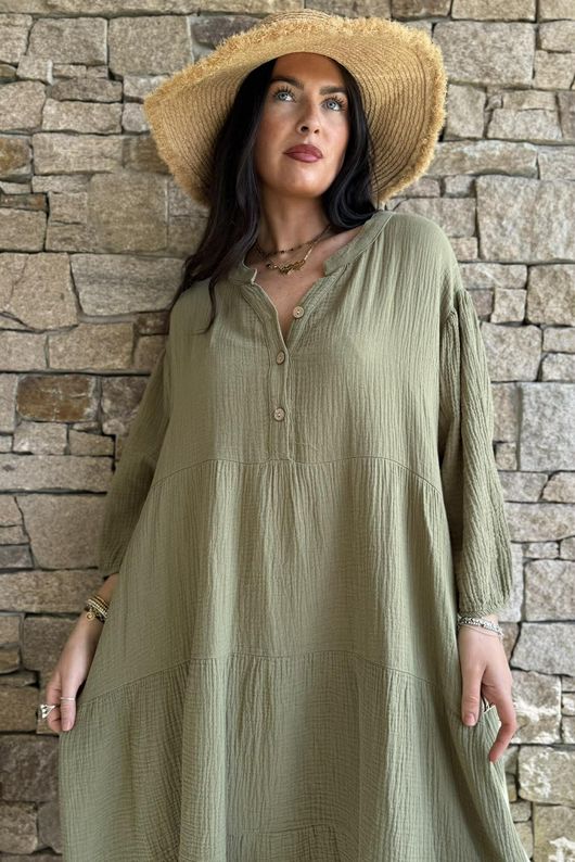 Dusk Bubble Cotton Tiered Dress Olive