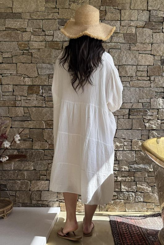 Dusk Bubble Cotton Tiered Dress Warm White