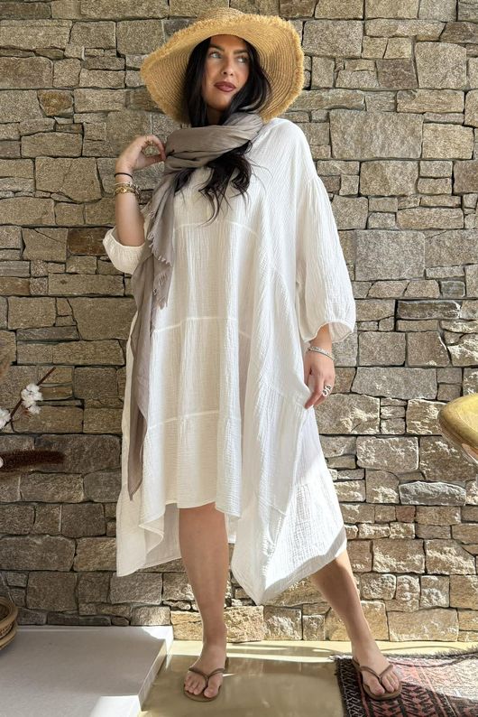 Dusk Bubble Cotton Tiered Dress Warm White