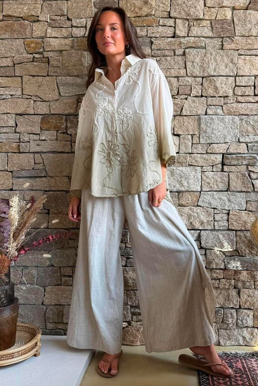 Effie Ombre Embroidered Trapeze Shirt Cream