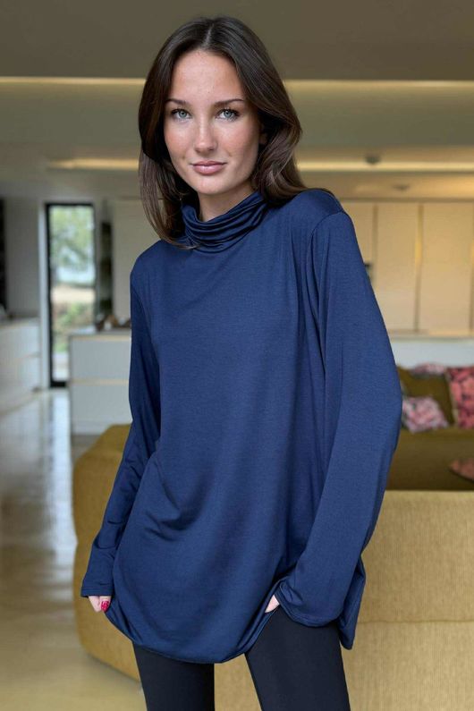 Essential Fine Jersey Polo Neck Top Navy /7