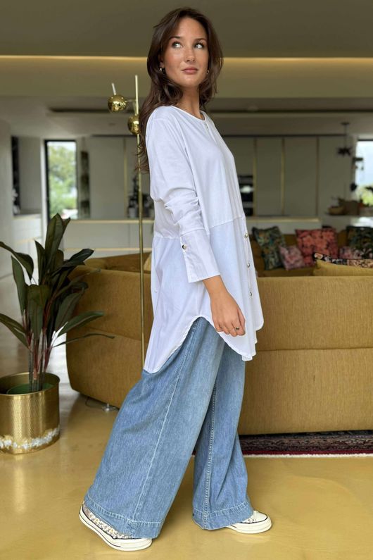 Essential Body Stretch Cotton Button Faux Shirt White `