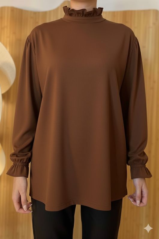 Essential Body Stretch Cotton Ruffle Neck Layering Top Chocolate /14= pre order due approx 1 week