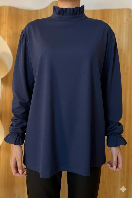 Essential Body Stretch Cotton Ruffle Neck Layering Top Navy /14= pre order due approx 1 week