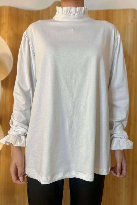 Essential Body Stretch Cotton Ruffle Neck Layering Top White /40= pre order due approx 1 week