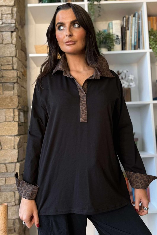 Essential Body Stretch Cotton Collar & Cuff Shirt Black Leopard 