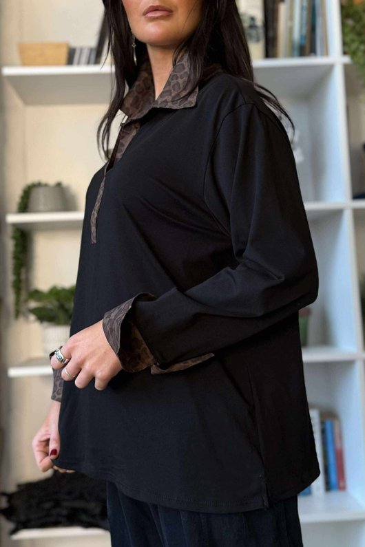 Essential Body Stretch Cotton Collar & Cuff Shirt Black Leopard 