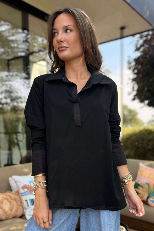Essential Body Stretch Cotton Collar & Cuff Shirt Black - 