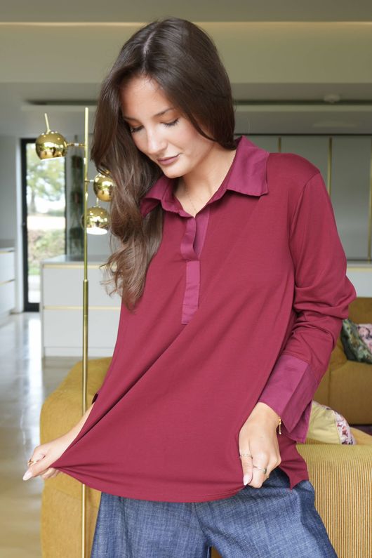 Essential Body Stretch Cotton Collar & Cuff Shirt Burgundy - 