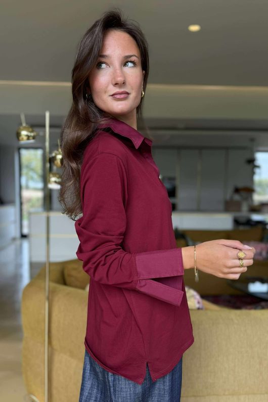 Essential Body Stretch Cotton Collar & Cuff Shirt Burgundy - 