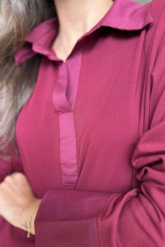 Essential Body Stretch Cotton Collar & Cuff Shirt Burgundy - 