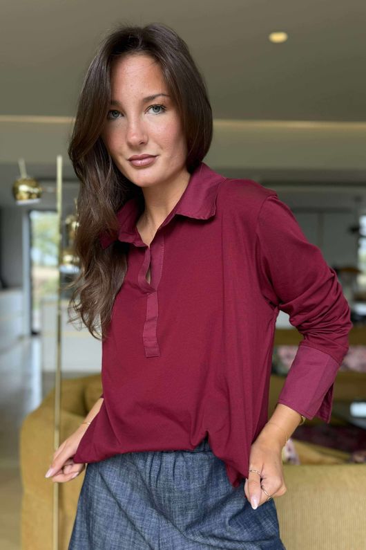 Essential Body Stretch Cotton Collar & Cuff Shirt Burgundy - 