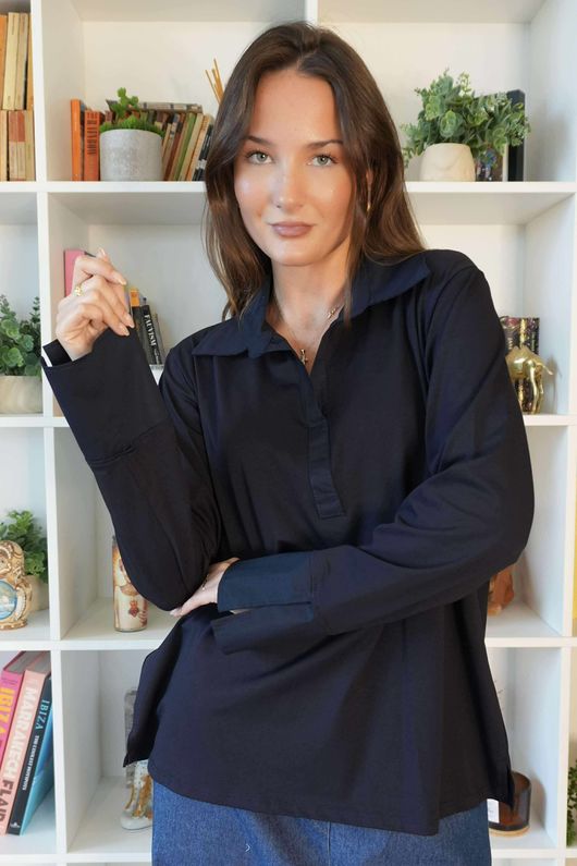 Essential Body Stretch Cotton Collar & Cuff Shirt Navy