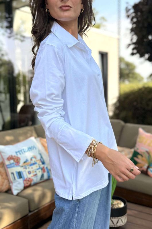 Essential Body Stretch Cotton Collar & Cuff Shirt White `