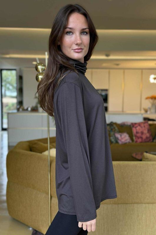 Essential Fine Jersey Polo Neck Top Chocolate