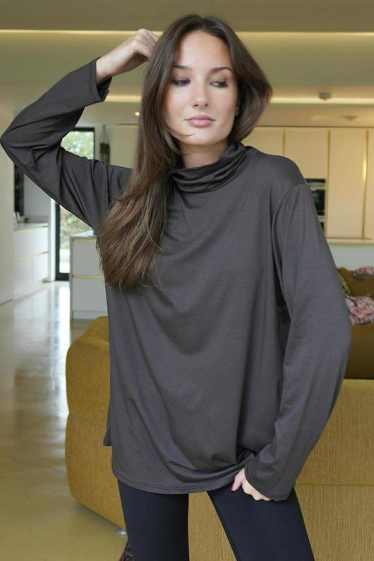 Essential Fine Jersey Polo Neck Top Chocolate