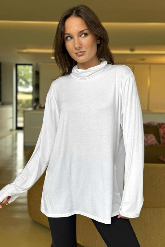 Essential Fine Jersey Polo Neck Top White