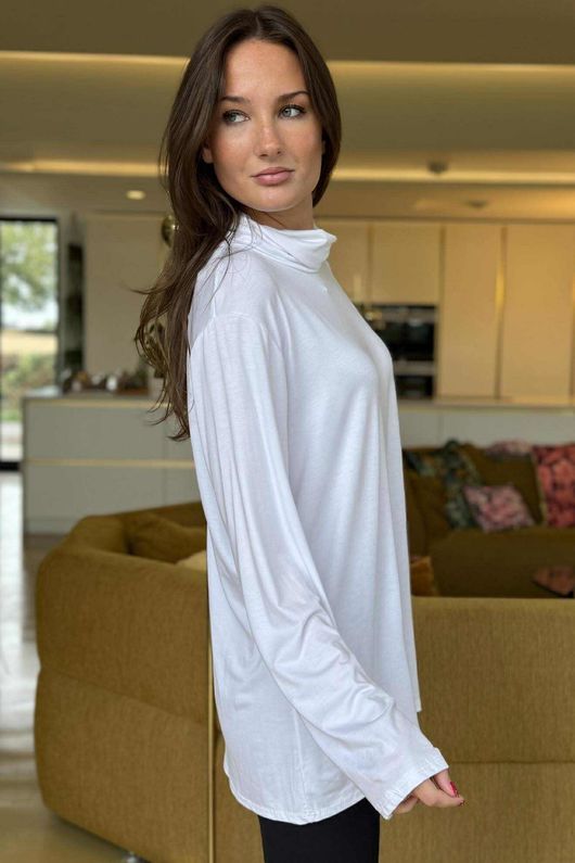 Essential Fine Jersey Polo Neck Top White