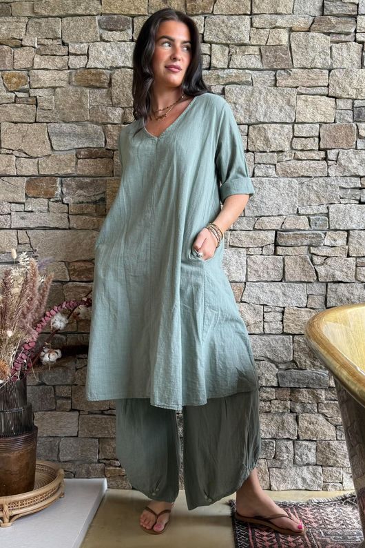 Frame Cotton Pocketed A Line Dress Khaki