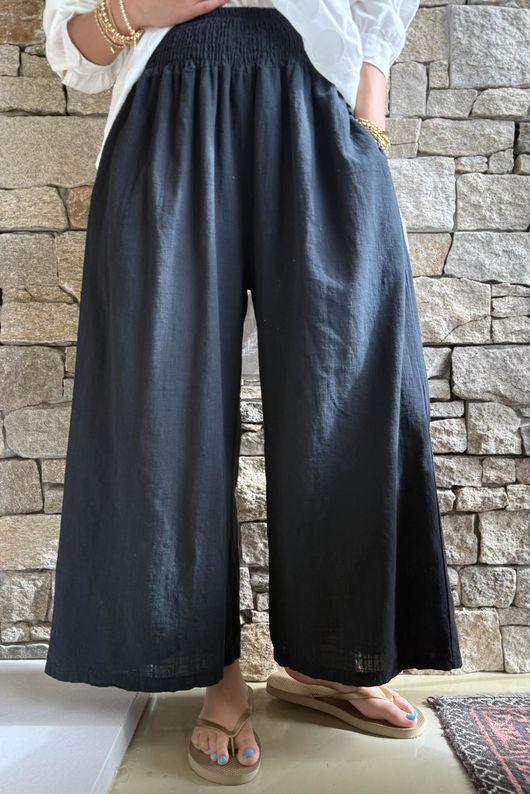 Frame Cotton Shirring Waist Wide Leg Pant Black