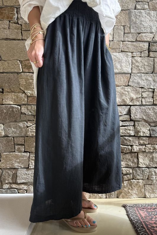 Frame Cotton Shirring Waist Wide Leg Pant Black