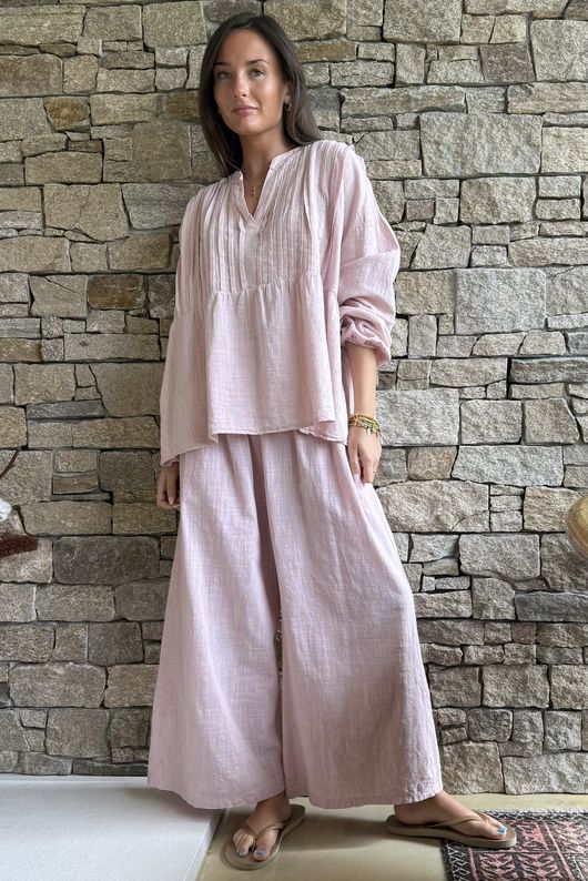 Frame Cotton Shirring Waist Wide Leg Pant Blush