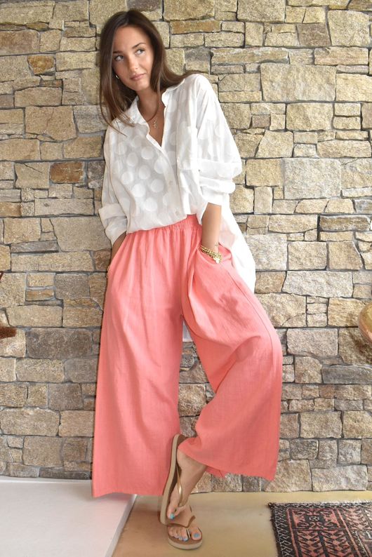 Frame Cotton Shirring Waist Wide Leg Pant Coral /15=