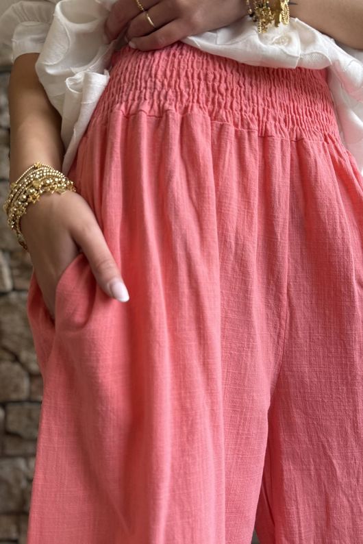 Frame Cotton Shirring Waist Wide Leg Pant Coral