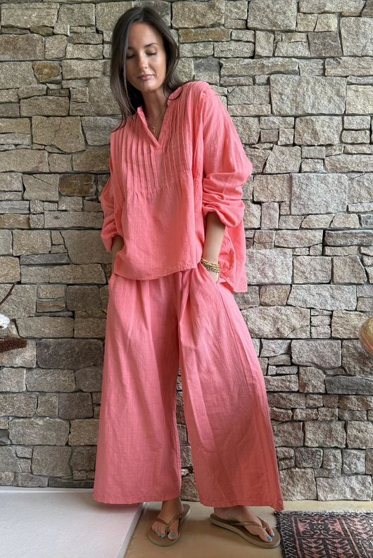 Frame Cotton Shirring Waist Wide Leg Pant Coral