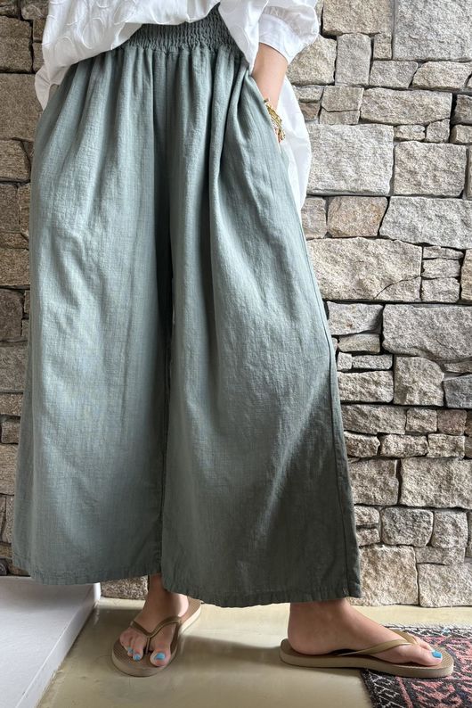 Frame Cotton Shirring Waist Wide Leg Pant Khaki