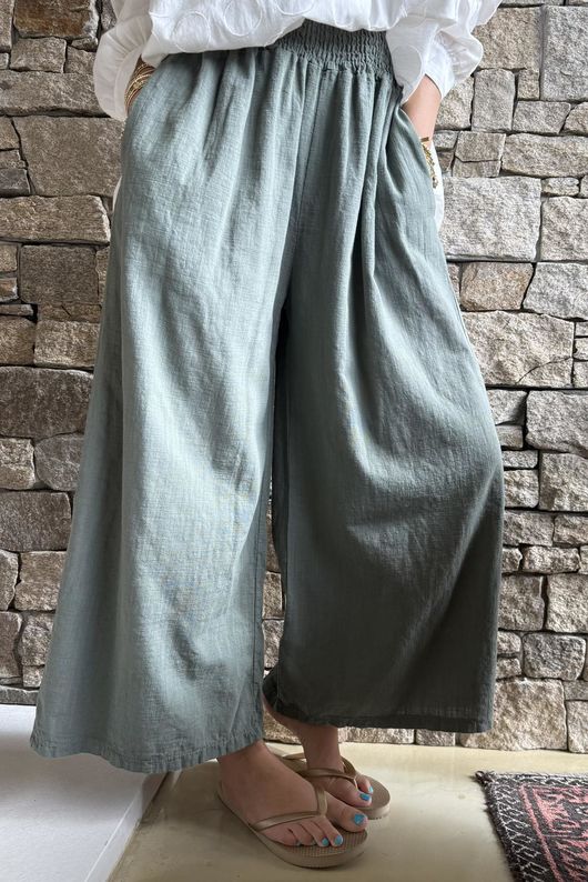 Frame Cotton Shirring Waist Wide Leg Pant Khaki